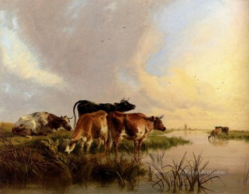 Thomas Sidney Cooper Painting - Ganado abrevando animales de granja ganado Thomas Sidney Cooper